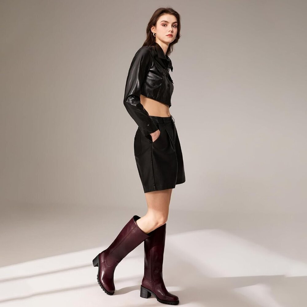 Women Brown Chunky Low Heel Square Toe Elastic Tall Boots Side Zipper PU Lea - Picture 4 of 6